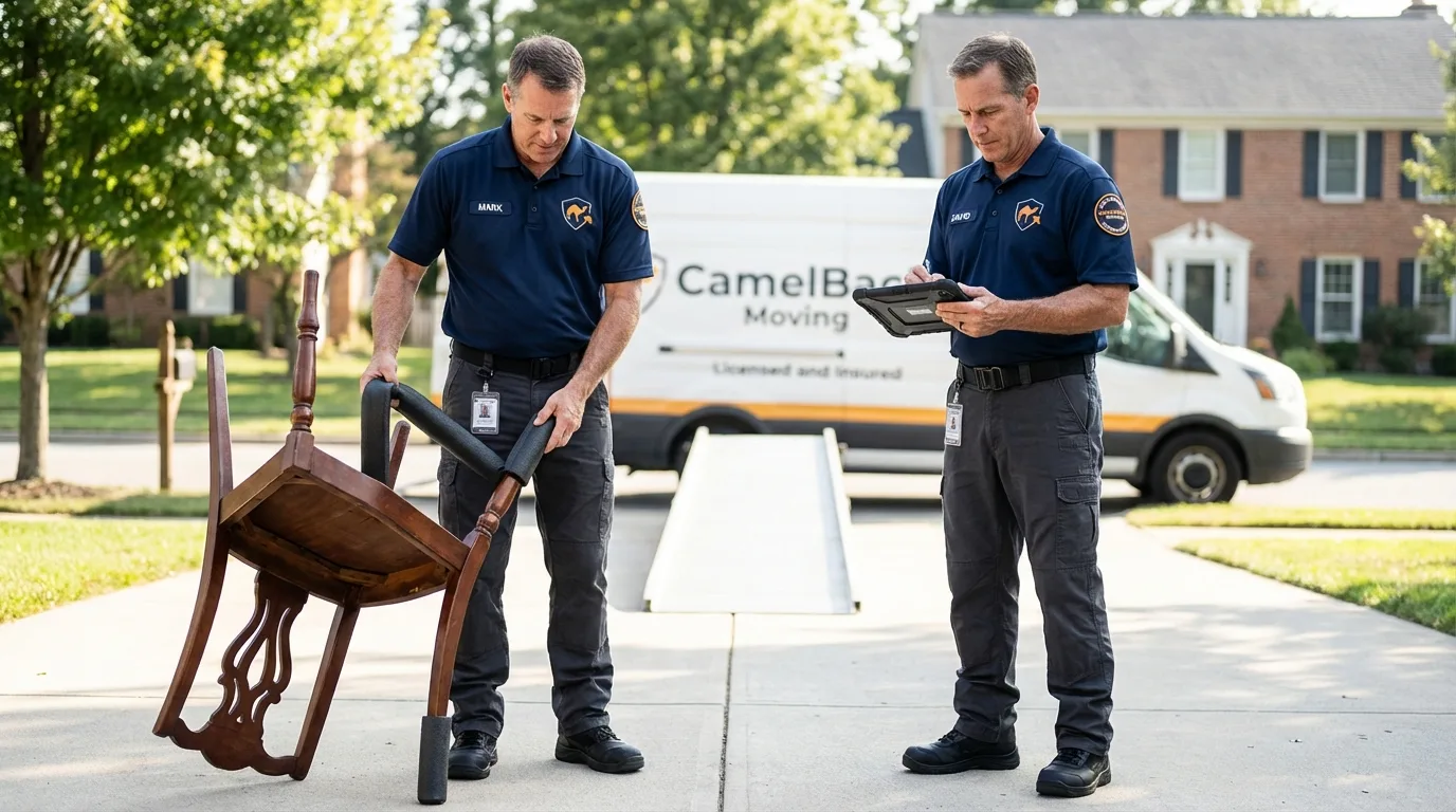 Movers inspecting furniture for damage prevention before loading in Many Farms, AZ