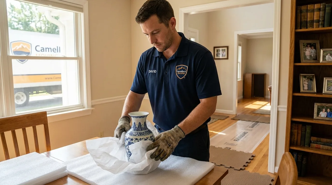 Professional crew carefully wrapping antique vase for senior downsizing move in Many Farms, AZ